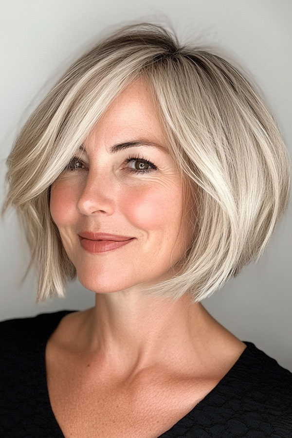 25 Layered Bob Haircuts For Women Over 50 : Icy Blonde Angled Bob