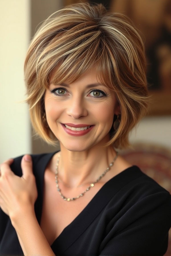 25 Layered Bob Haircuts For Women Over 50 : Soft Layered Honey Bob with Fringe