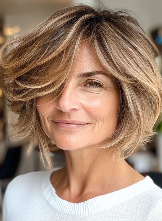 25 Layered Bob Haircuts For Women Over 50 : Windswept Layered Bob