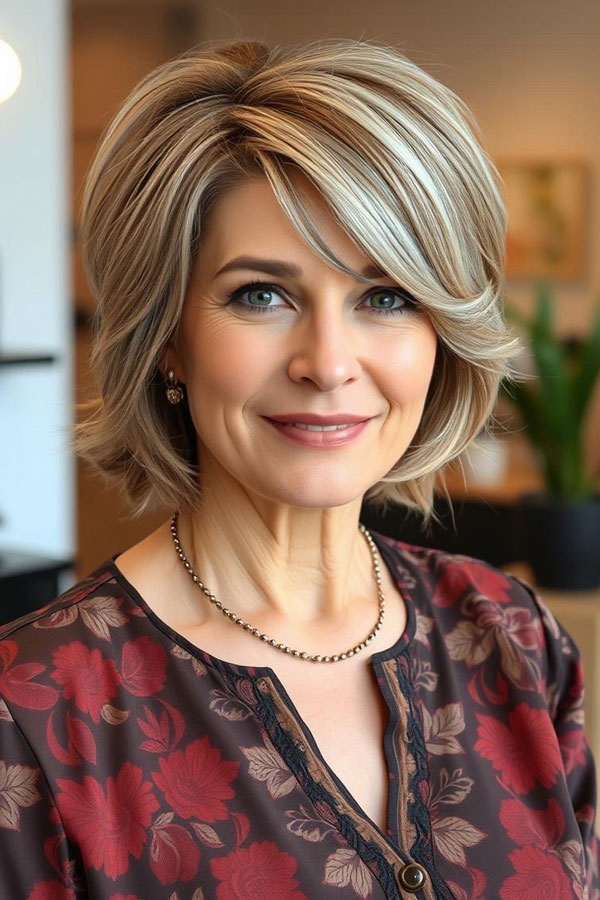 25 Layered Bob Haircuts For Women Over 50 : Elegant Ash Blonde Bob with Layers