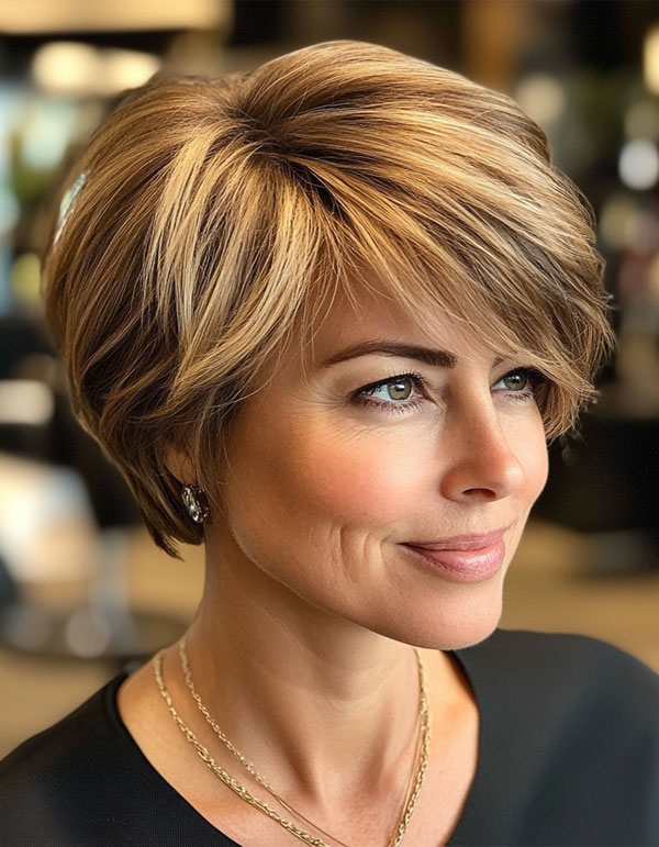 35 Easy Wash-and-Wear Haircuts for Women 50+ : Layered Bob with Honey Blonde Highlights