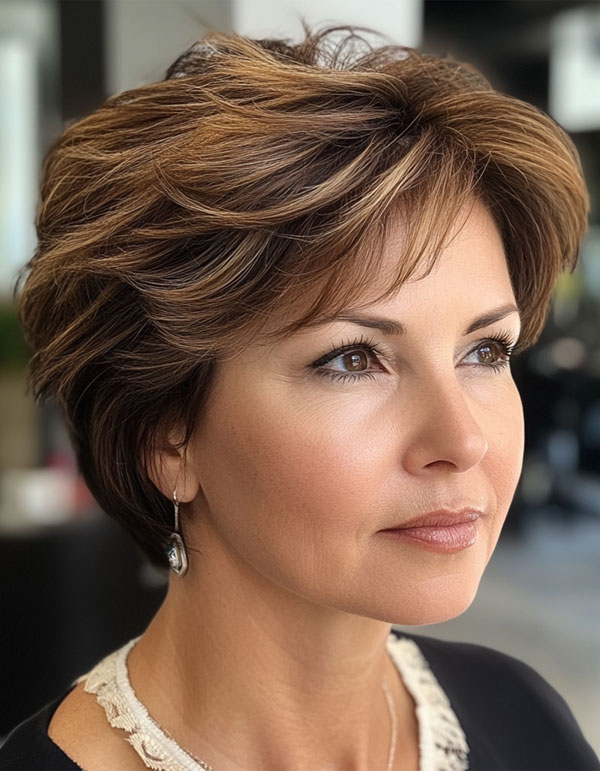 Textured Bob with Chestnut Highlights , Easy Wash-and-Wear Haircuts for Women 50+, low maintenance haircut for women over 50, wash and wear haircut for women over 50