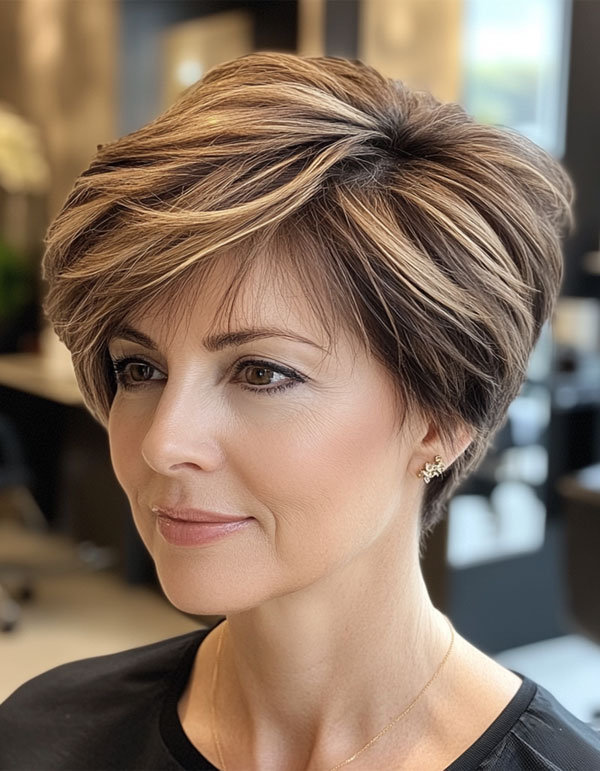 Layered Pixie with Caramel Highlights , Easy Wash-and-Wear Haircuts for Women 50+, low maintenance haircut for women over 50, wash and wear haircut for women over 50