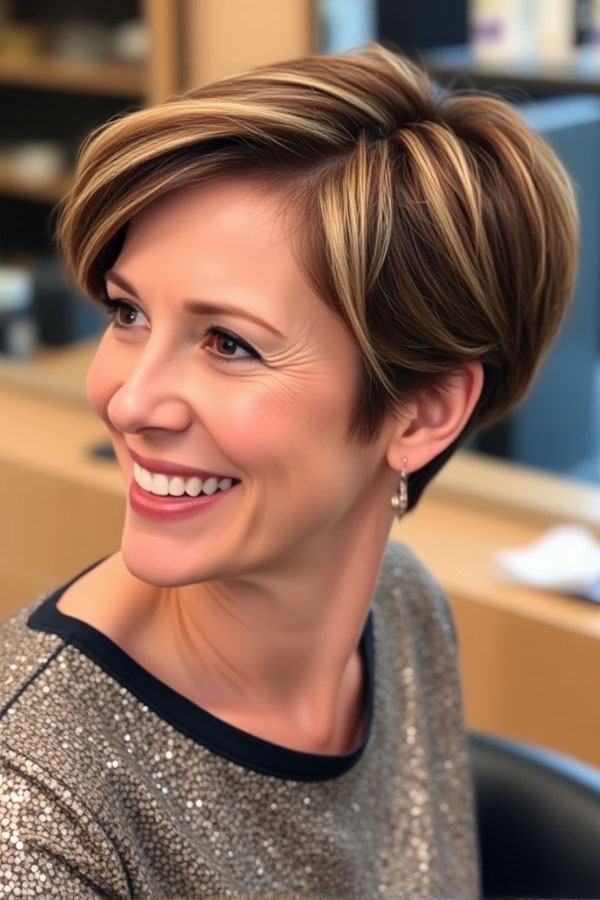 35 Easy Wash-and-Wear Haircuts for Women 50+ : Classic Pixie with Honey Blonde Highlights