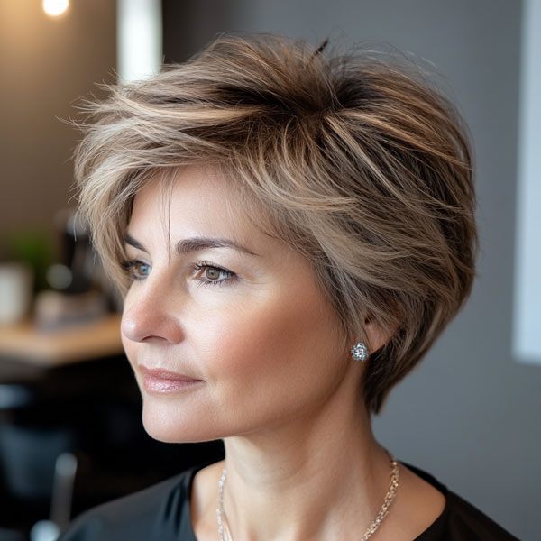 35 Easy Wash-and-Wear Haircuts for Women 50+ : Feathered Bob with Ash Blonde Highlights