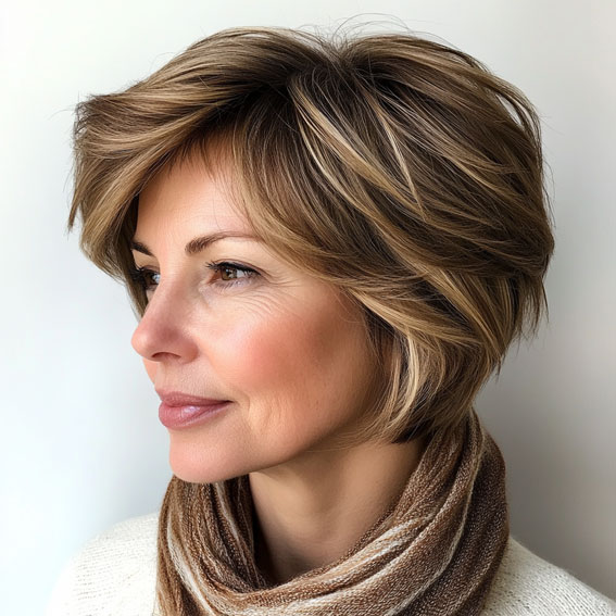 35 Easy Wash-and-Wear Haircuts for Women 50+ : Soft Layered Bob with Warm Blonde Highlights