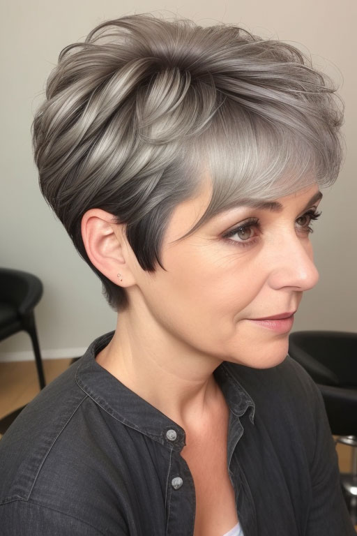 Layered Pixie with Silver Grey Tones, Easy Wash-and-Wear Haircuts for Women 50+, low maintenance haircut for women over 50, wash and wear haircut for women over 50