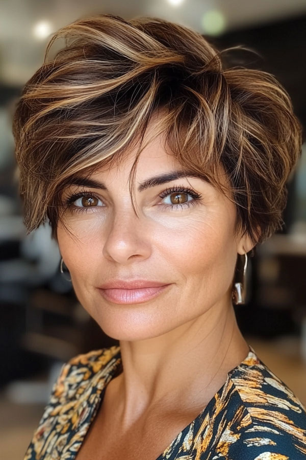 Tousled Pixie with Warm Highlights , Easy Wash-and-Wear Haircuts for Women 50+, low maintenance haircut for women over 50, wash and wear haircut for women over 50