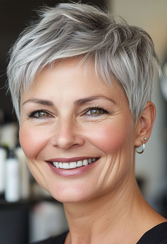 Choppy Silver Pixie with Soft Texture , Easy Wash-and-Wear Haircuts for Women 50+, low maintenance haircut for women over 50, wash and wear haircut for women over 50