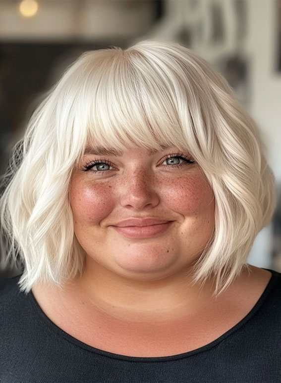 Choppy Platinum Bob with Soft Bangs, medium haircuts for round faces, Medium long hairstyles for fat faces female,Medium long hairstyles for fat faces straight hair, Slimming haircuts for chubby faces, Short to medium hairstyles for round faces, Medium length layered haircut for round face, Medium length hairstyles for round faces straight hair