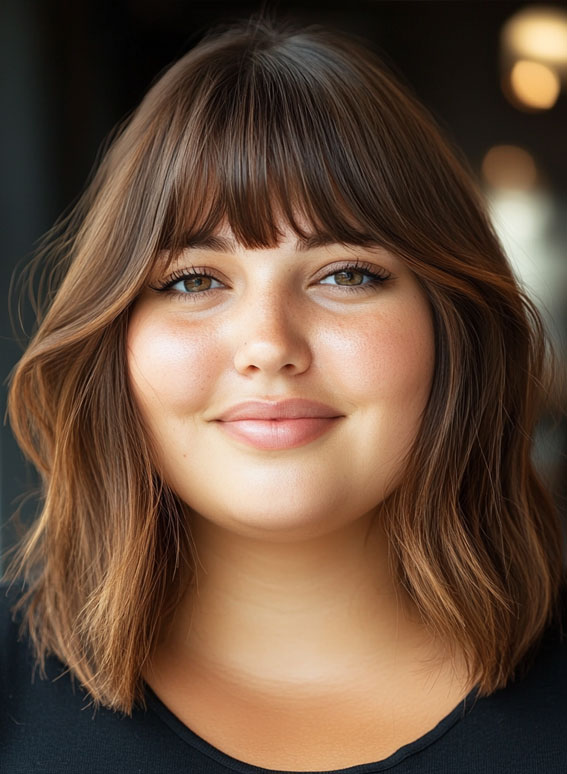 Chestnut Brown Shoulder-Length Bob with Full Fringe, medium haircuts for round faces, Medium long hairstyles for fat faces female,Medium long hairstyles for fat faces straight hair, Slimming haircuts for chubby faces, Short to medium hairstyles for round faces, Medium length layered haircut for round face, Medium length hairstyles for round faces straight hair