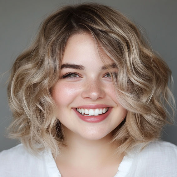 35 Medium Long Hairstyles for Fat Faces : Wavy Bob Ash Blonde with Dark Roots 