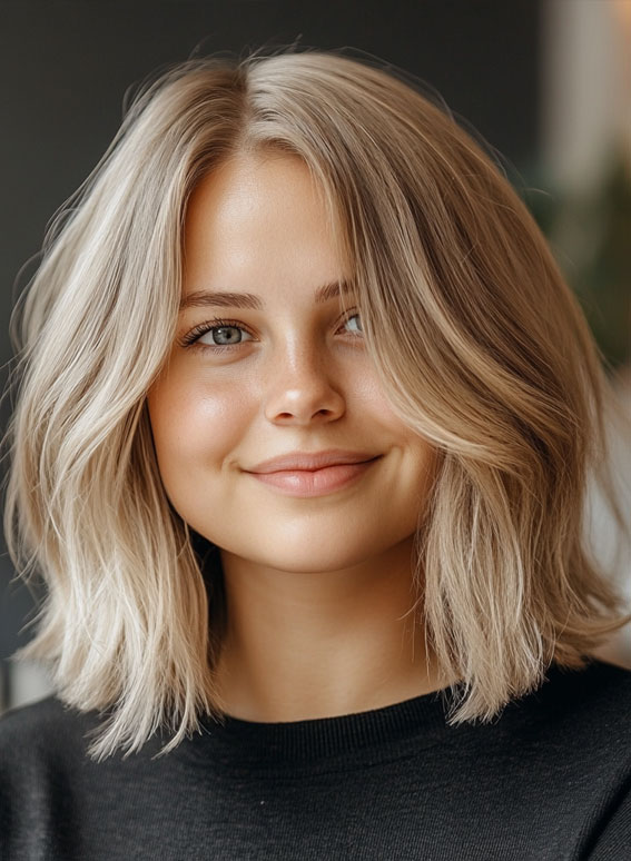 Cool Beige Blonde Sleek Mid-Length Bob, medium haircuts for round faces, Medium long hairstyles for fat faces female,Medium long hairstyles for fat faces straight hair, Slimming haircuts for chubby faces, Short to medium hairstyles for round faces, Medium length layered haircut for round face, Medium length hairstyles for round faces straight hair