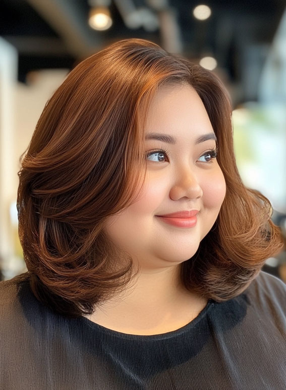 Warm Chestnut Layered Shoulder-Length Bob, medium haircuts for round faces, Medium long hairstyles for fat faces female,Medium long hairstyles for fat faces straight hair, Slimming haircuts for chubby faces, Short to medium hairstyles for round faces, Medium length layered haircut for round face, Medium length hairstyles for round faces straight hair