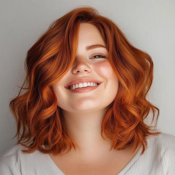 Vibrant Copper Voluminous Wavy Bob, medium haircuts for round faces, Medium long hairstyles for fat faces female,Medium long hairstyles for fat faces straight hair, Slimming haircuts for chubby faces, Short to medium hairstyles for round faces, Medium length layered haircut for round face, Medium length hairstyles for round faces straight hair