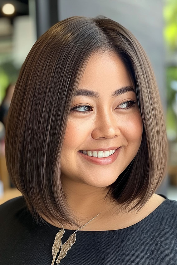 35 Medium Long Hairstyles for Fat Faces : Deep Chocolate Brown Sleek Blunt Bob