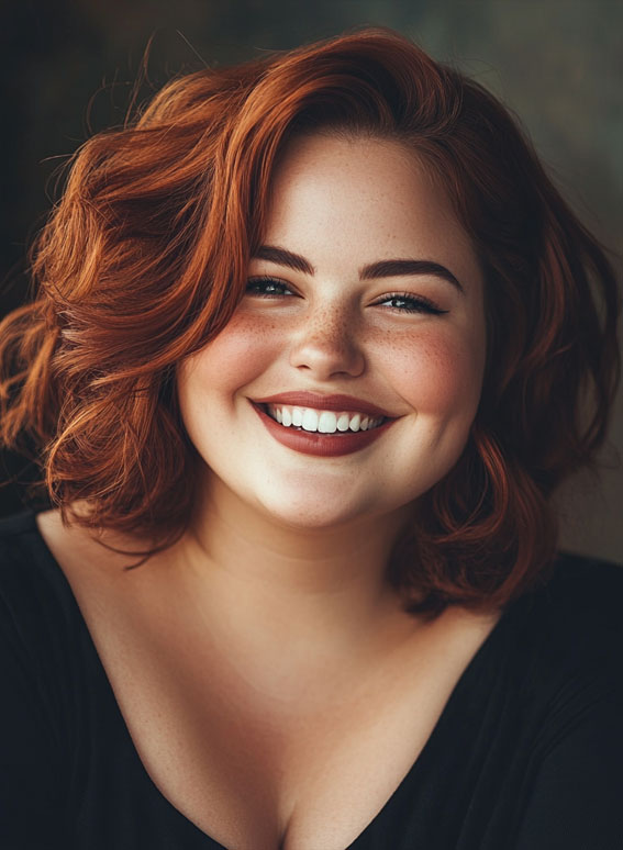 35 Medium Long Hairstyles for Fat Faces : Fiery Auburn Voluminous Curly Bob