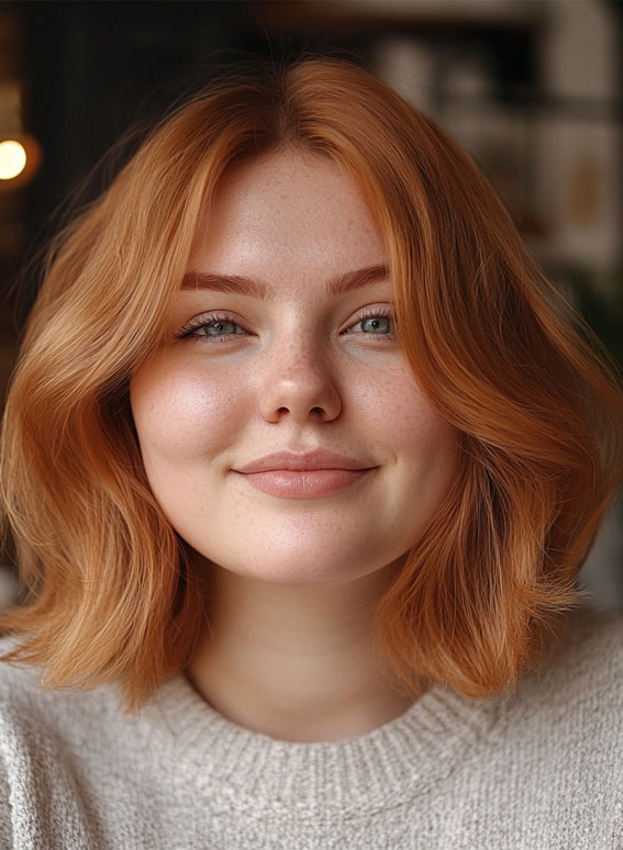 35 Medium Long Hairstyles for Fat Faces : Warm Strawberry Blonde Layered Bob 