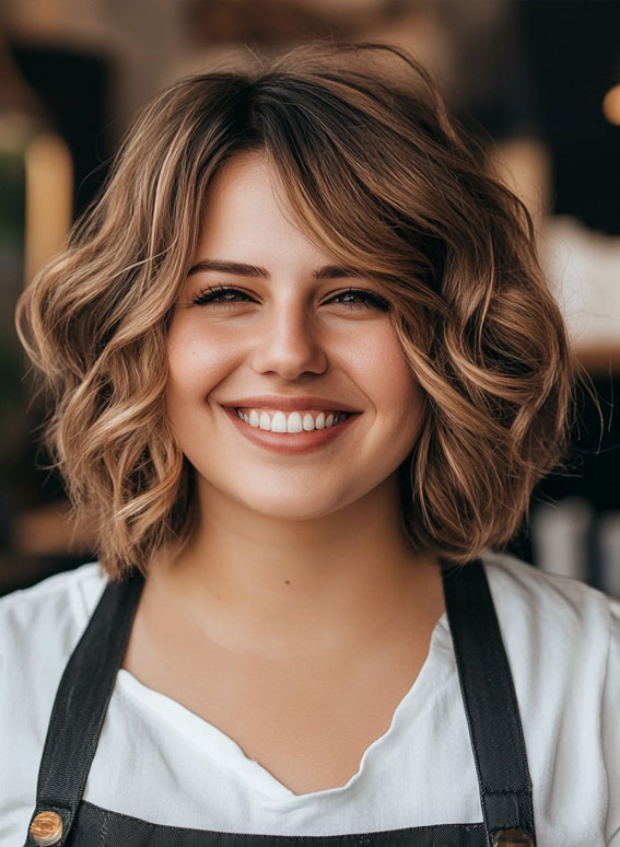 35 Medium Long Hairstyles for Fat Faces : Ash Brown Curly Layered Bob