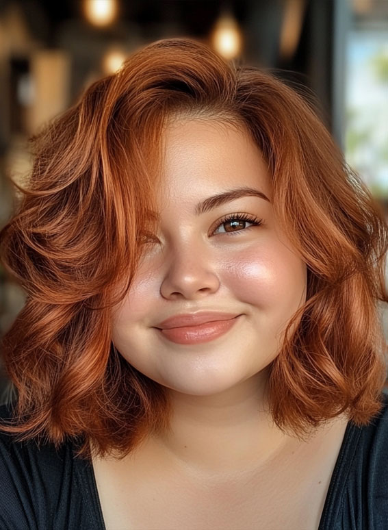 Soft Copper Waves, medium haircuts for round faces, Medium long hairstyles for fat faces female,Medium long hairstyles for fat faces straight hair, Slimming haircuts for chubby faces, Short to medium hairstyles for round faces, Medium length layered haircut for round face, Medium length hairstyles for round faces straight hair