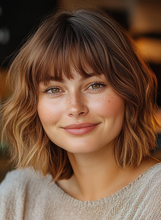 35 Medium Long Hairstyles for Fat Faces : Effortless Honey Shag with Soft Fringe