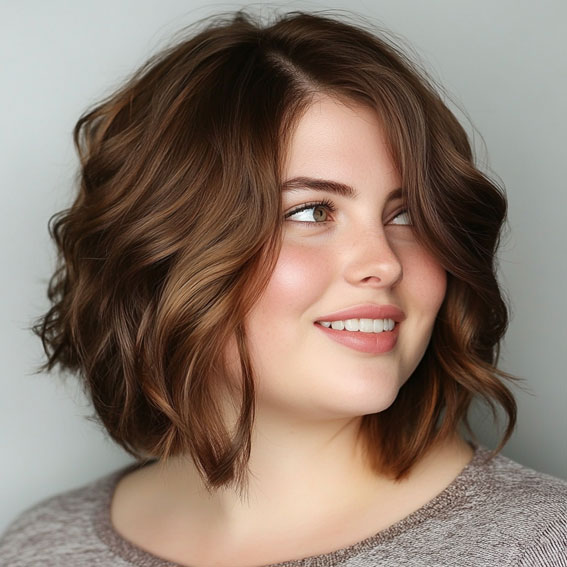 35 Medium Long Hairstyles for Fat Faces : Soft Wavy Bob in Rich Chocolate