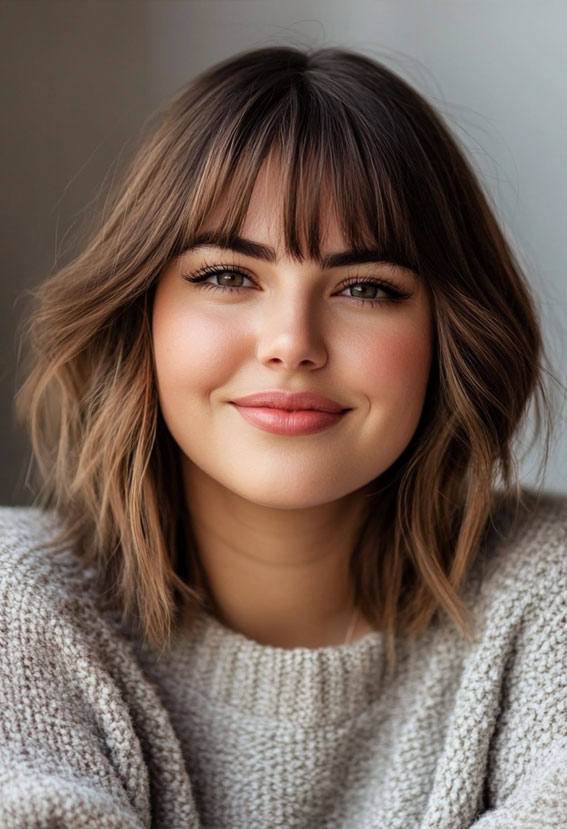 35 Medium Long Hairstyles for Fat Faces : Soft Brown Shag with Feathered Fringe