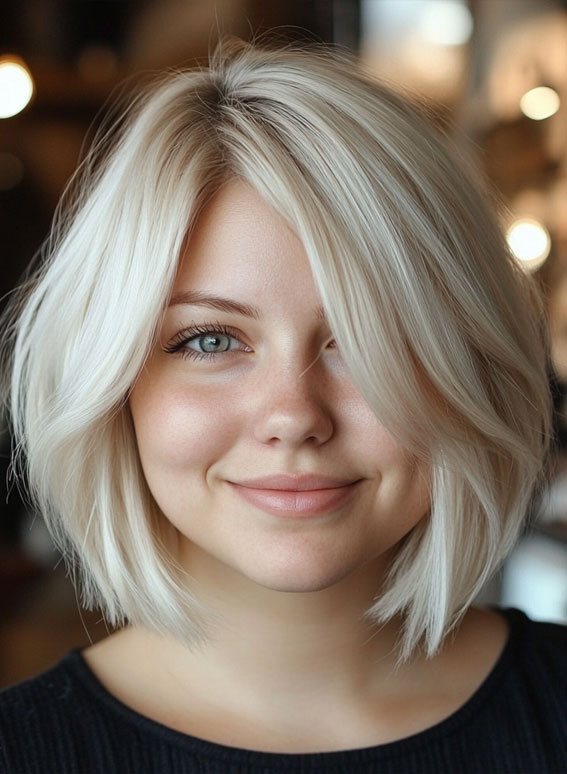 35 Medium Long Hairstyles for Fat Faces : Icy Blonde Bob with Side-Swept Layers