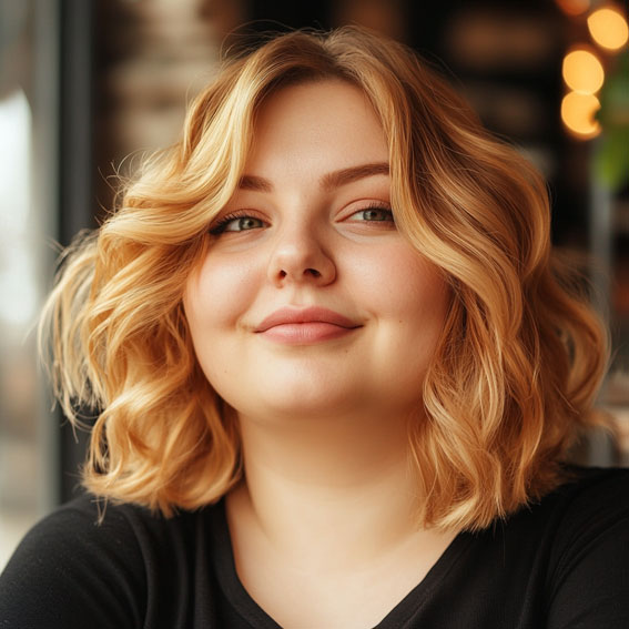 35 Medium Long Hairstyles for Fat Faces : Golden Honey Blonde Bouncy Curled Bob