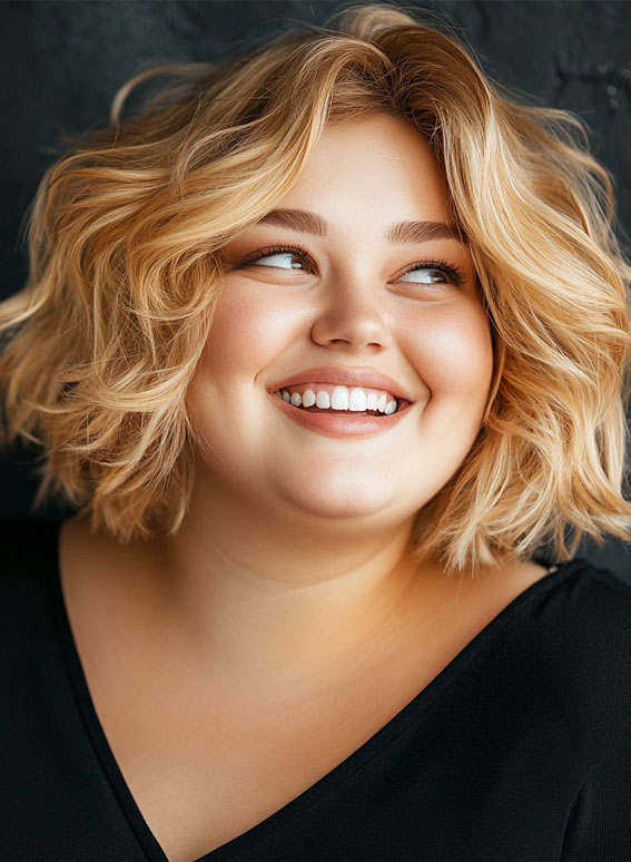 35 Medium Long Hairstyles for Fat Faces : Golden Blonde Curls with Volume