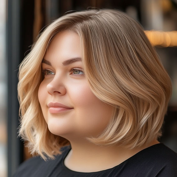 35 Medium Long Hairstyles for Fat Faces : Sleek Sandy Blonde Bob