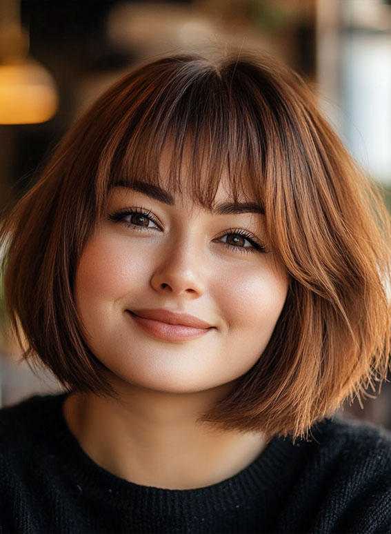 Chestnut Brown Bob with Wispy Fringe, Medium long hairstyles for fat faces female,Medium long hairstyles for fat faces straight hair, Slimming haircuts for chubby faces, Short to medium hairstyles for round faces, Medium length layered haircut for round face, Medium length hairstyles for round faces straight hair