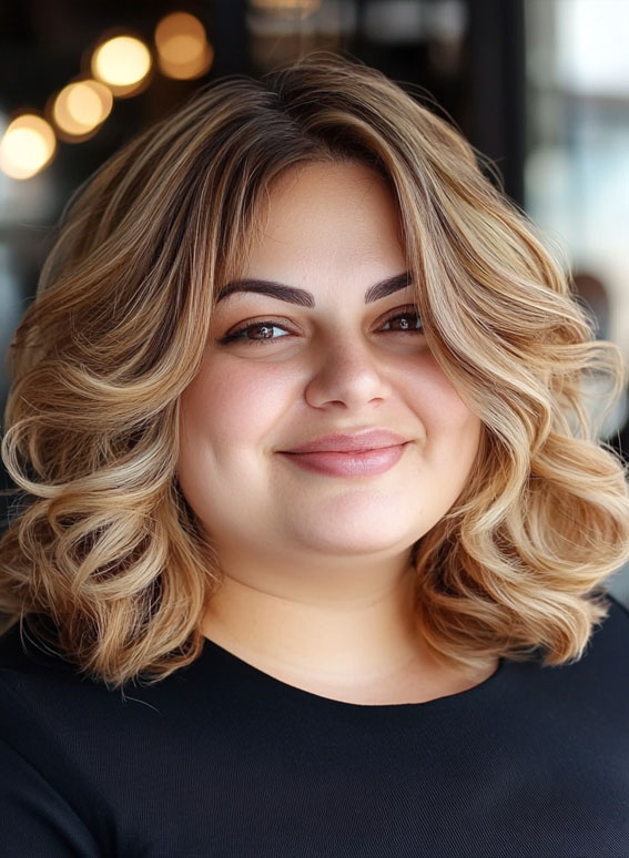 35 Medium Long Hairstyles for Fat Faces : Curly Bob Sun-Kissed Blonde Highlights