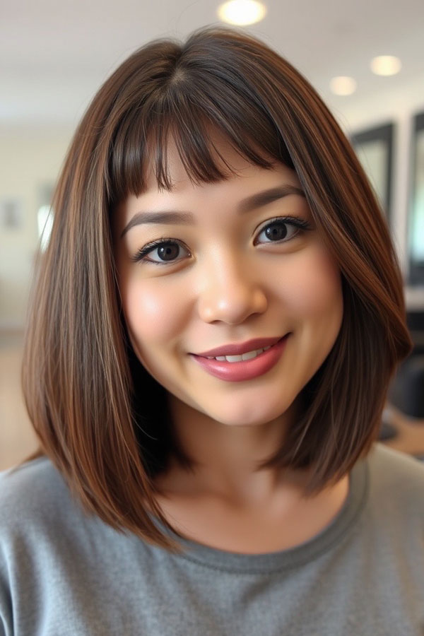 32 Sleek Bob Haircuts for a Chic and Polished Look : Natural Brunette Bob with Soft Micro Bangs