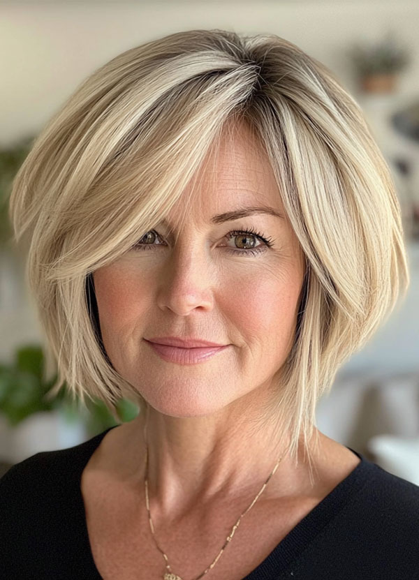 25 Layered Bob Haircuts For Women Over 50 : Platinum Blonde Bob with Side-Swept Fringe