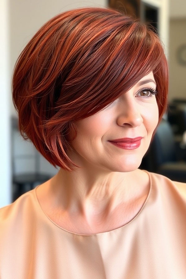 Rich Auburn Angled Bob, Layered Bob Haircuts For Women Over 50, bob haircut for women over 50