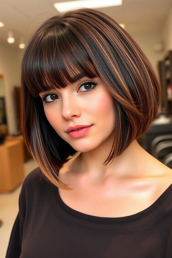 Rich Espresso Bob with Warm Caramel Highlights and Blunt Bangs, Sleek Bob Haircut, bob hairstyle, sleek bob hairstyle