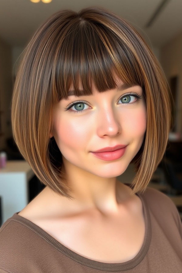 32 Sleek Bob Haircuts for a Chic and Polished Look : Rounded Bob with Golden Highlights and Wispy Bangs