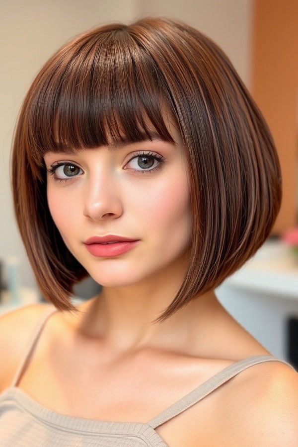 32 Sleek Bob Haircuts for a Chic and Polished Look : Rounded Chestnut Bob with Classic Blunt Bangs