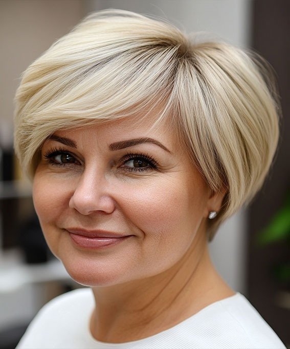 42 Short Hairstyles for Fat Faces and Double Chins : Blonde Pixie Bob with Side-Swept Fringe