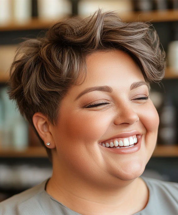 42 Short Hairstyles for Fat Faces and Double Chins : Textured Pixie with Ash Brown Highlights