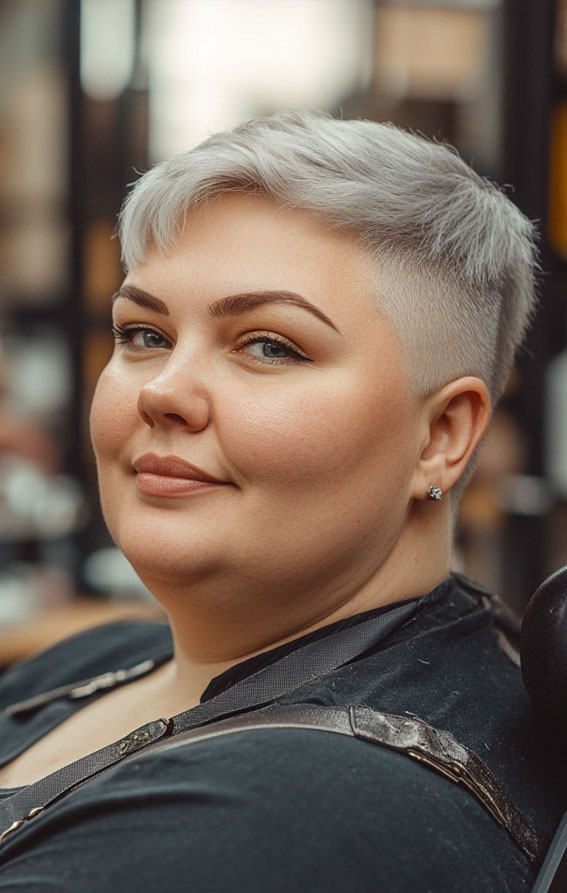 42 Short Hairstyles for Fat Faces and Double Chins : Bold Platinum Buzz Cut with Undercut