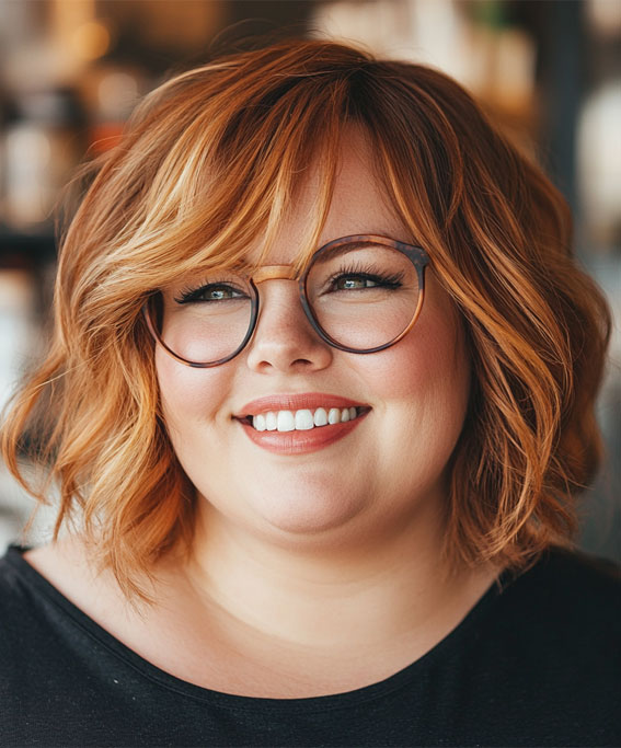 42 Short Hairstyles for Fat Faces and Double Chins : Auburn Wavy Bob with Fringe