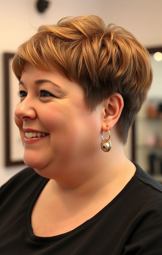 42 Short Hairstyles for Fat Faces and Double Chins : Warm Honey Layered Pixie