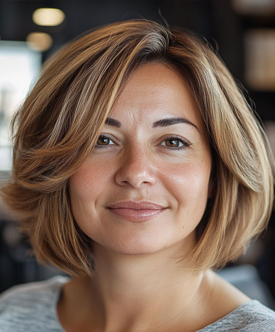 42 Short Hairstyles for Fat Faces and Double Chins : Soft Layered Bob with Honey Blonde Highlights