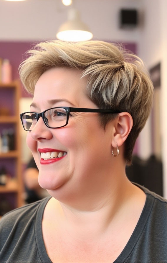 Blonde Modern Pixie Cut with Cropped Sides, Short hair for plus size faces, Short hairstyles for fat faces and double chins, Short Haircuts for Plus-Size Women, short haircuts for chubby faces, Short hair for chubby face female over 40, short haircuts for round faces