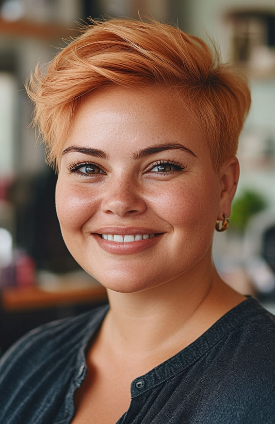 42 Short Hairstyles for Fat Faces and Double Chins : Warm Copper Toned Pixie Haircut