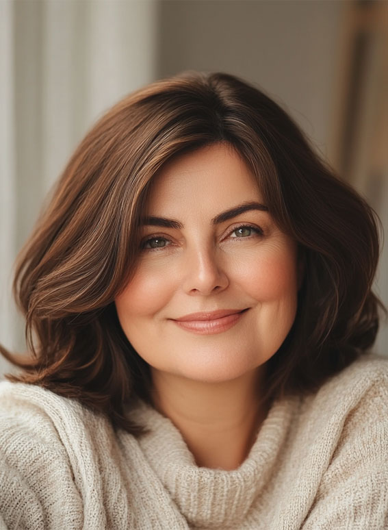 Chestnut Soft Shoulder-Length Bob, Short hair for plus size faces, Short hairstyles for fat faces and double chins, Short Haircuts for Plus-Size Women, short haircuts for chubby faces, Short hair for chubby face female over 40, short haircuts for round faces