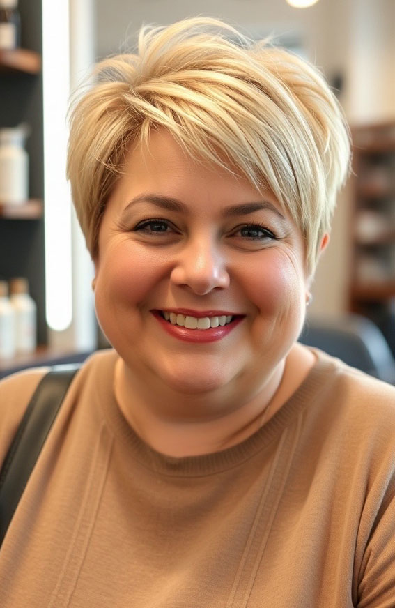 Soft Layered Blonde Pixie, Short hair for plus size faces, Short hairstyles for fat faces and double chins, Short Haircuts for Plus-Size Women, short haircuts for chubby faces, Short hair for chubby face female over 40, short haircuts for round faces