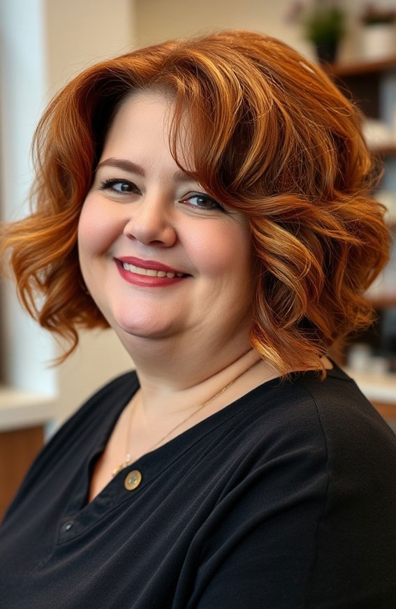 42 Short Hairstyles for Fat Faces and Double Chins : Curly Bob with Warm Copper Tones